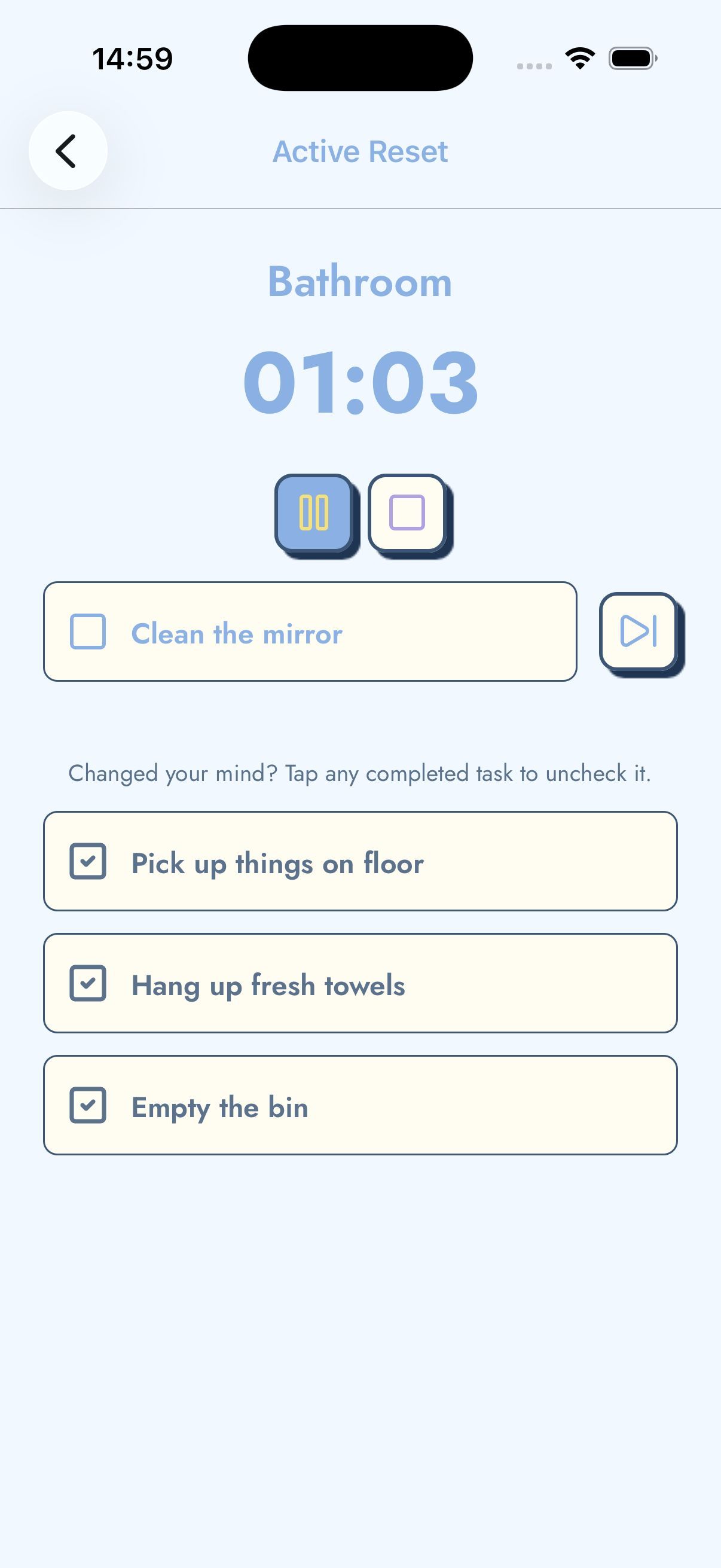 Active reset with several checklist tasks completed