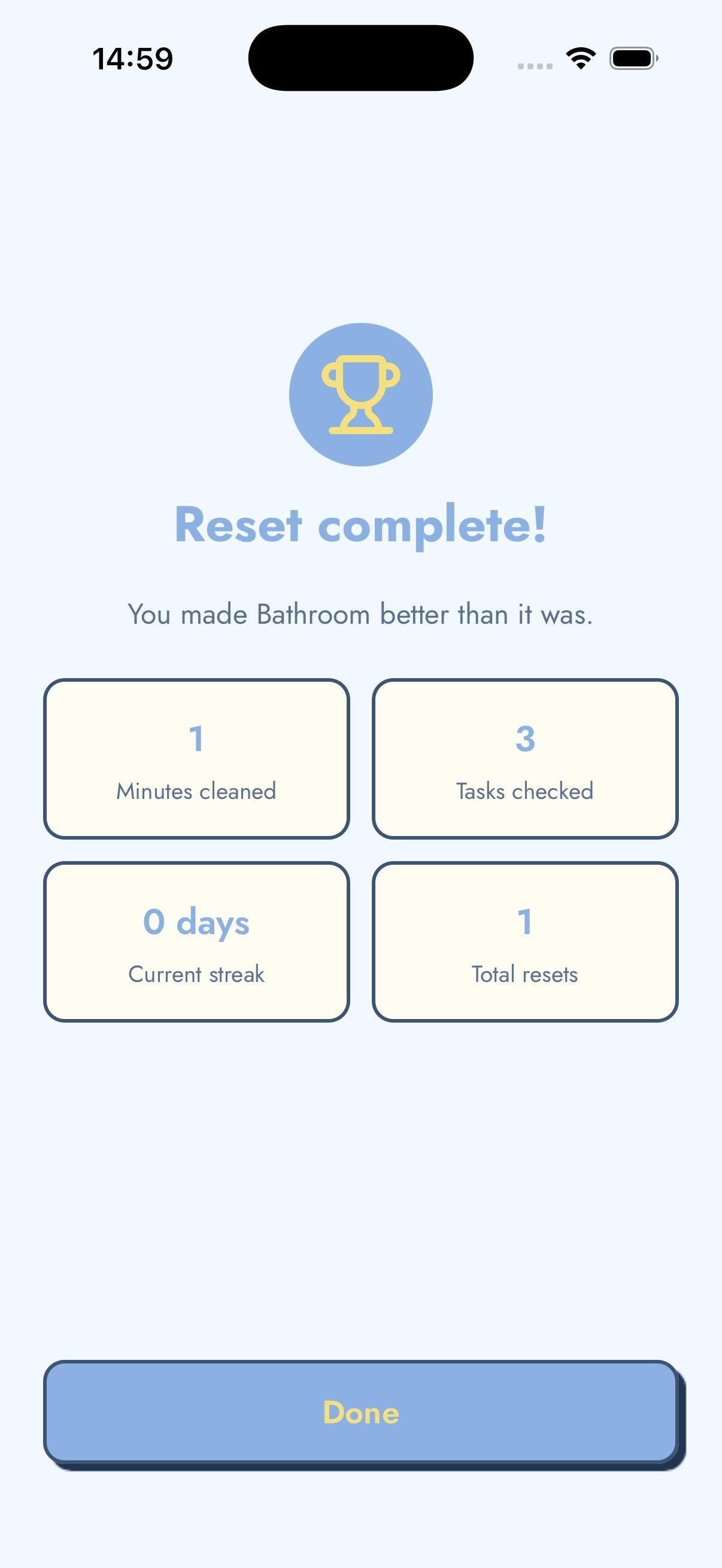 Reset complete screen showing minutes cleaned and tasks checked