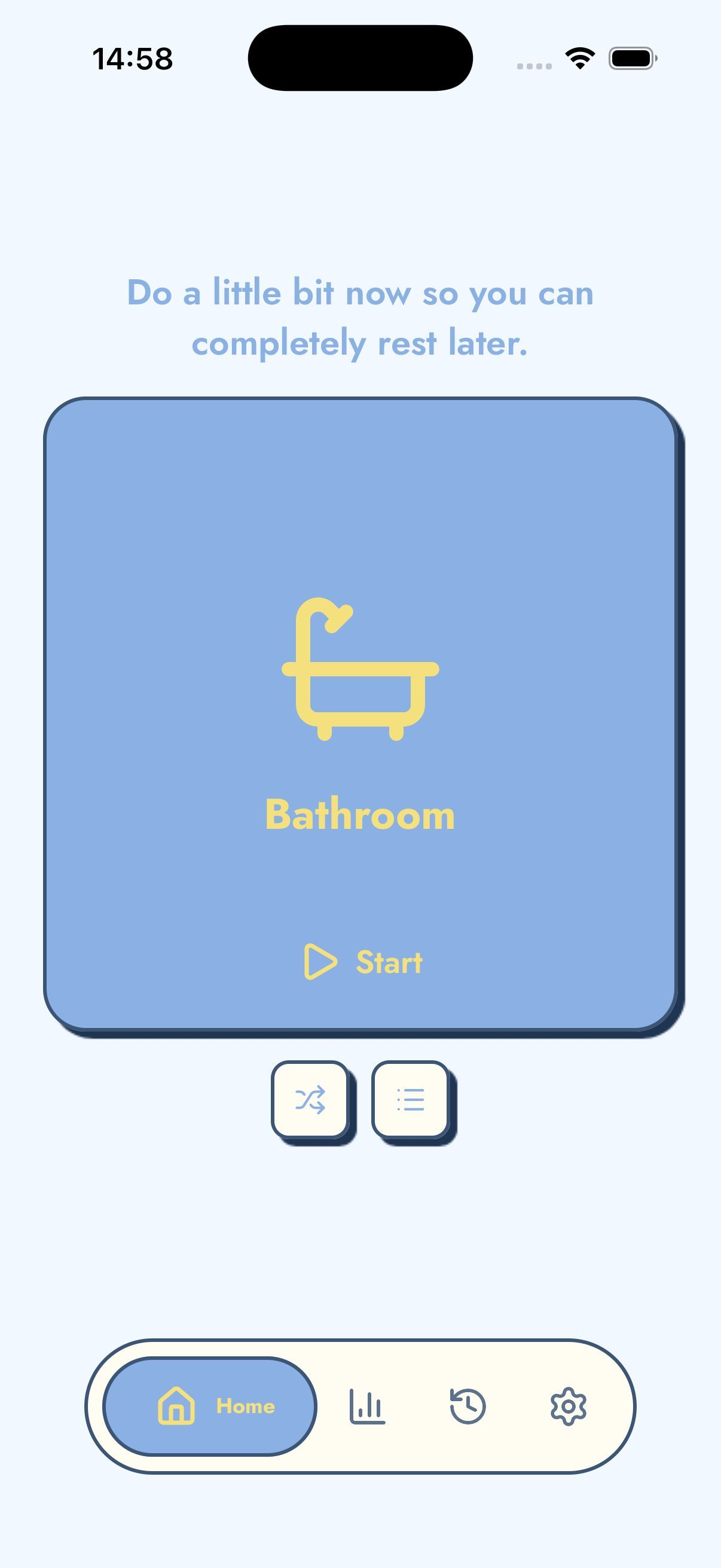 Home screen showing the Bathroom room with a Start button